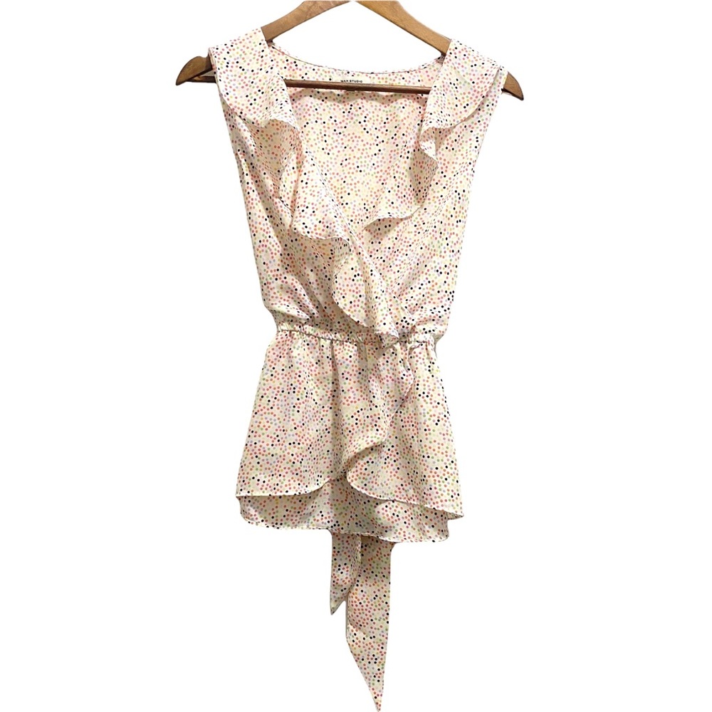 Max Studio Women’s S Sm White Polka Dot Faux Wrap Sleeveless Top Shirt Blouse